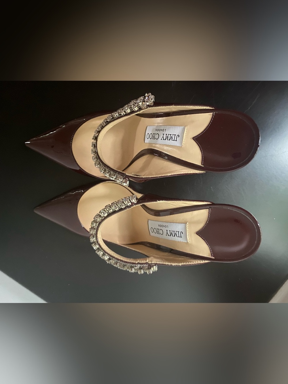 Jimmy Choo Bordeaux (Burgundy) Patent Crystal-Embellished Bing Heels - Picture 3 of 10